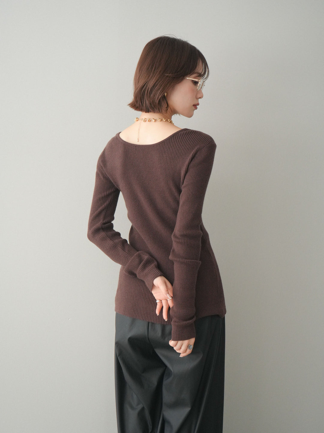 [予約]前後2WAYリブ編みクルーネックカーディガン/darkbrown