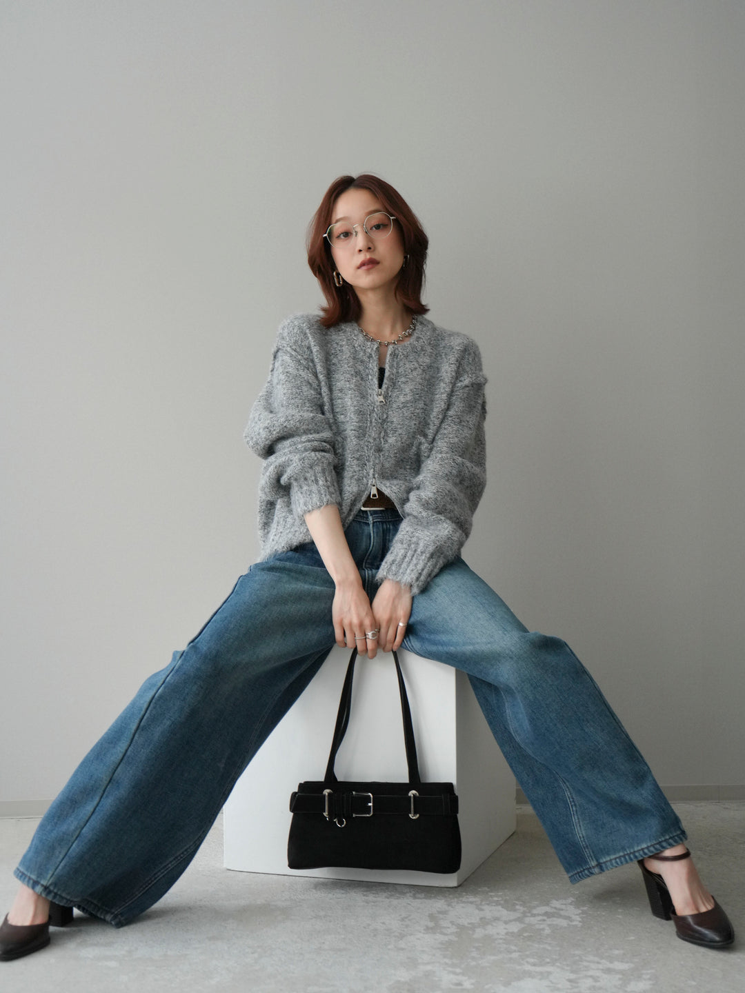 [SET]ミックスヤーンダブルZIPニットカーディガン+ベルト付裏起毛カーブデニムパンツ(2set)