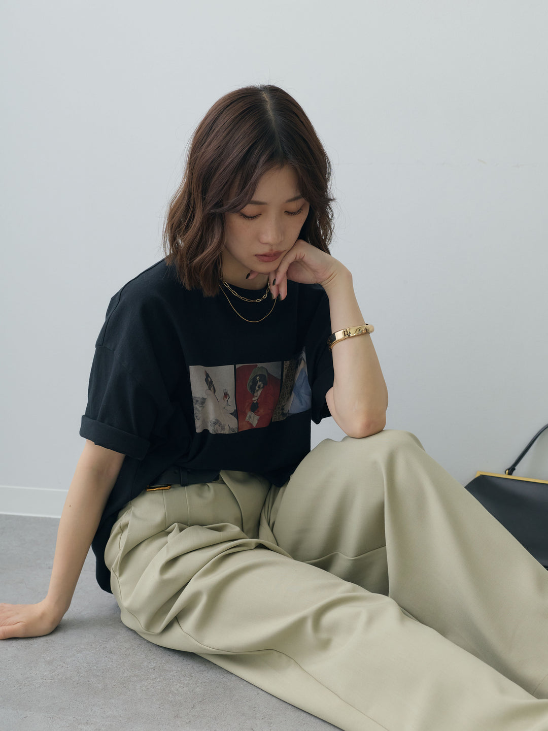 [SET]スリードッグフォトボックスTEE+アシンメトリーベルトタックワイドパンツ(2set)