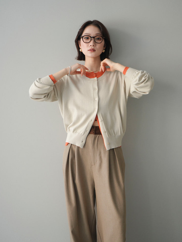 [予約]配色レイヤードコットンアクリルニットカーディガン/ivory