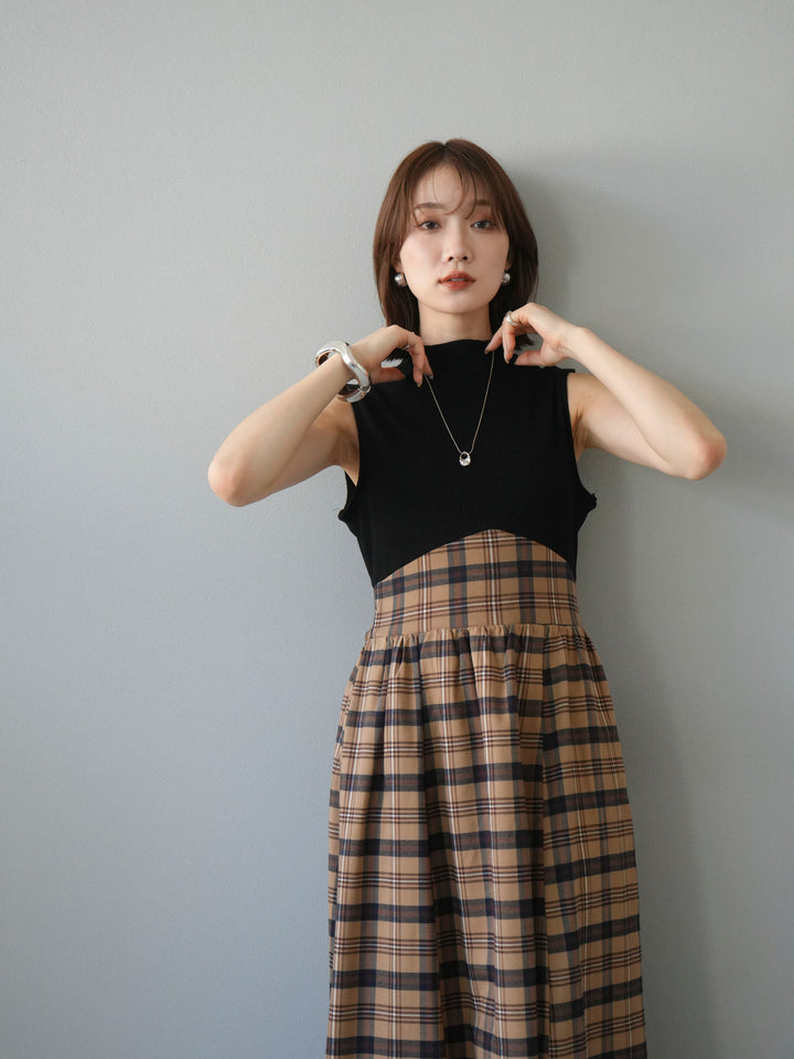 [予約]テレコ×チェックドッキングノースリワンピース/ブラック×ベージュ