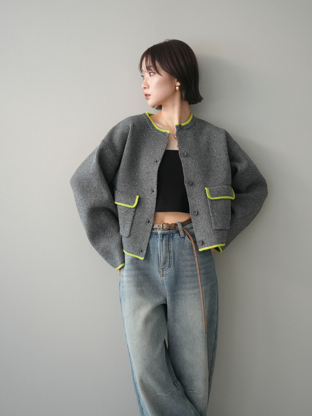 [SET]ポリエステル配色ニットカーディガン+裏起毛カットオフカーブデニムパンツ(2set)