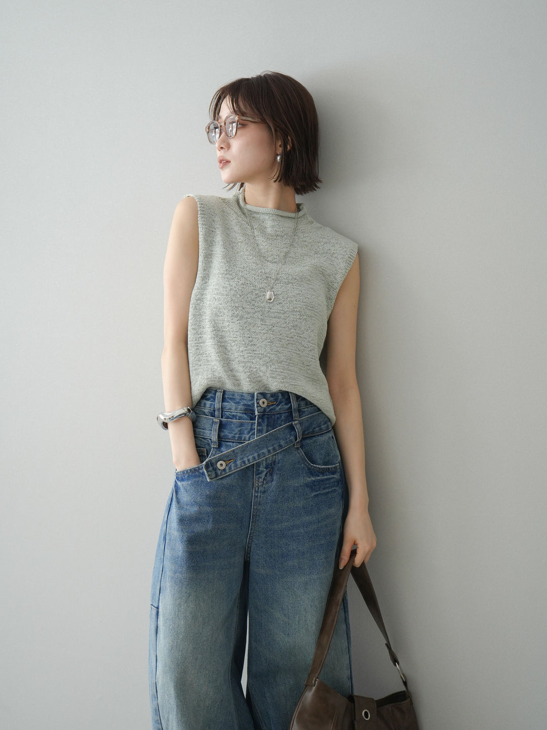 [予約]ノースリーブリネンタッチシアーニットプルオーバー/green