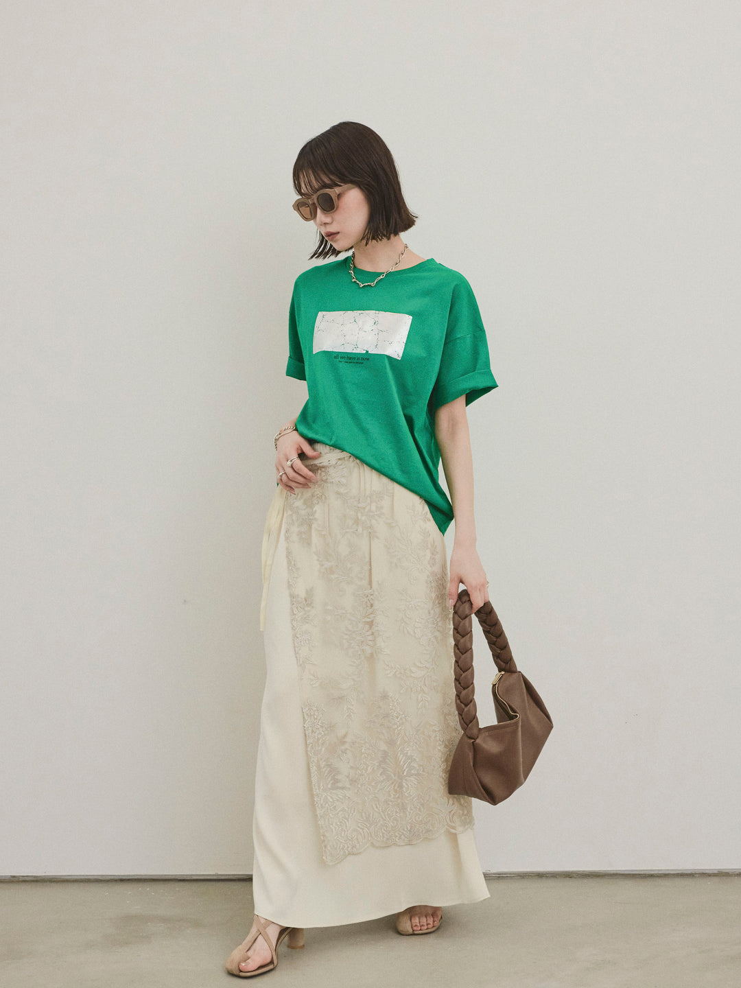 [SET]箔プリントドライタッチコットンTEE +チュールジャガードラップロングスカート(2set)