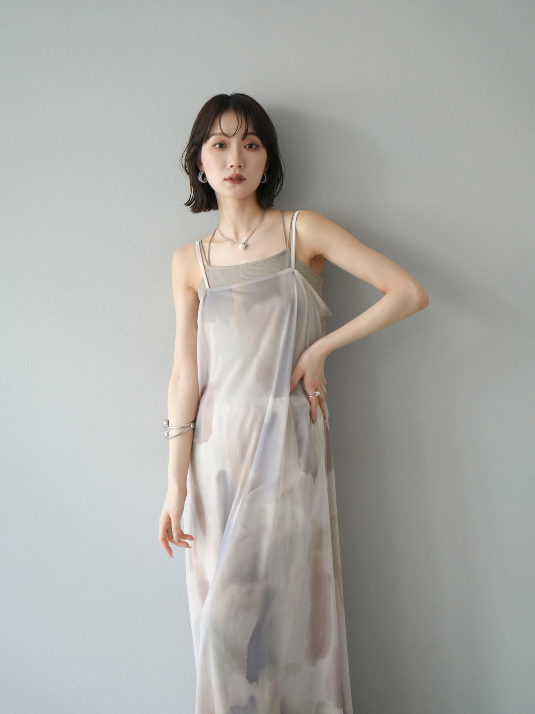 [SET]水彩アートシアーキャミワンピース+カップ付きバッククロスキャミソール(2set)