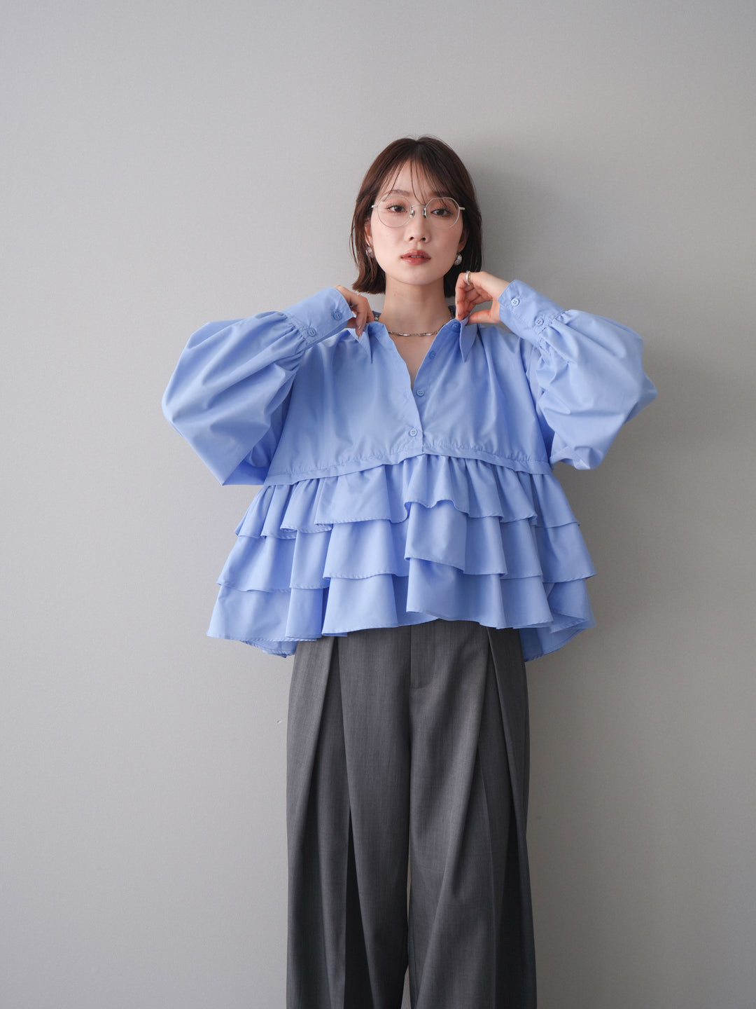 [SET]ブロードティアードショートシャツ+TRツイルデザインタックワイドパンツ(2set)