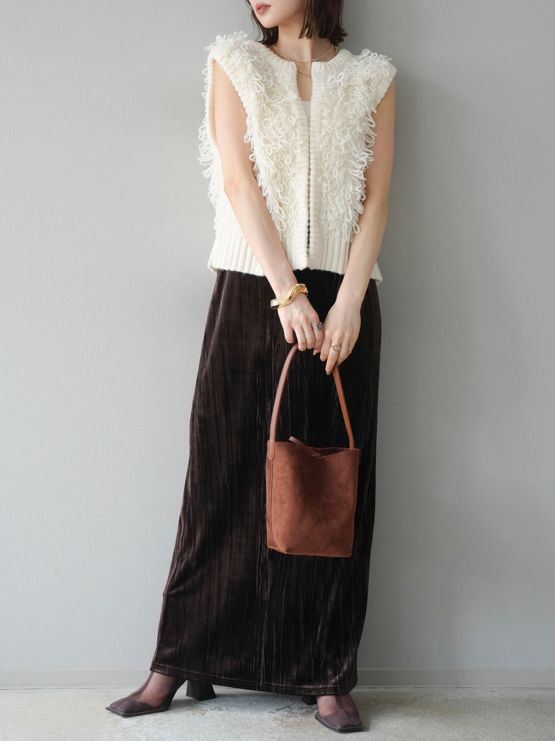 [SET]レザー襟オンブレチェックオーバーシャツ +ループデザインホックベスト +クラッシュベロアナロースカート(3set)