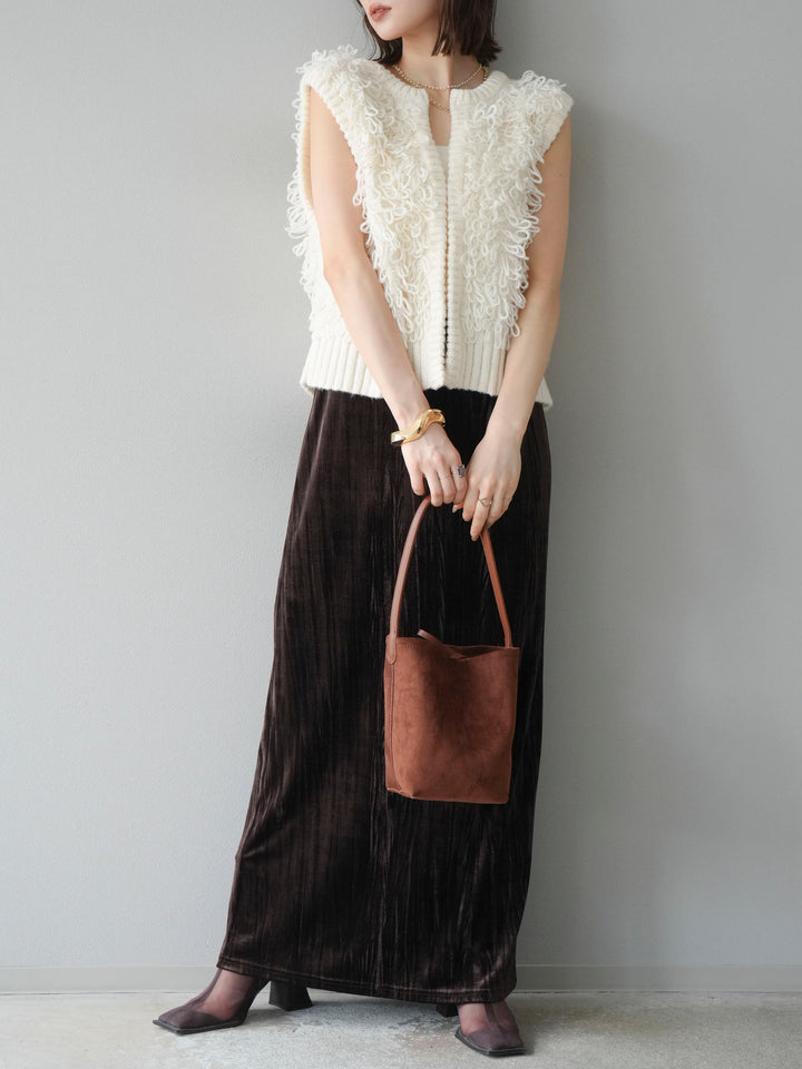 [SET]レザー襟オンブレチェックオーバーシャツ +ループデザインホックベスト +クラッシュベロアナロースカート(3set)