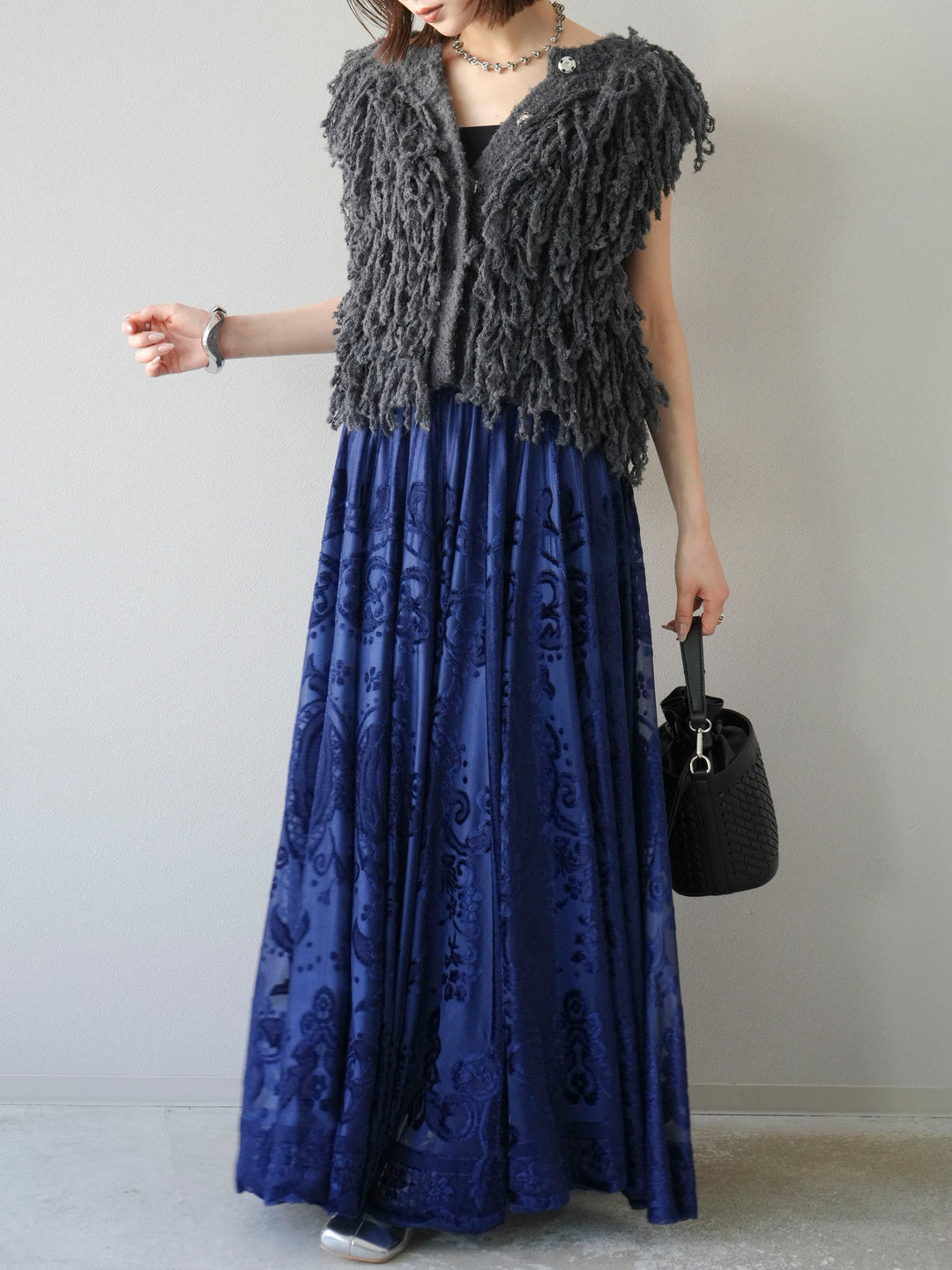 [予約]アンティーク柄フロッキーマキシスカート/ブルー