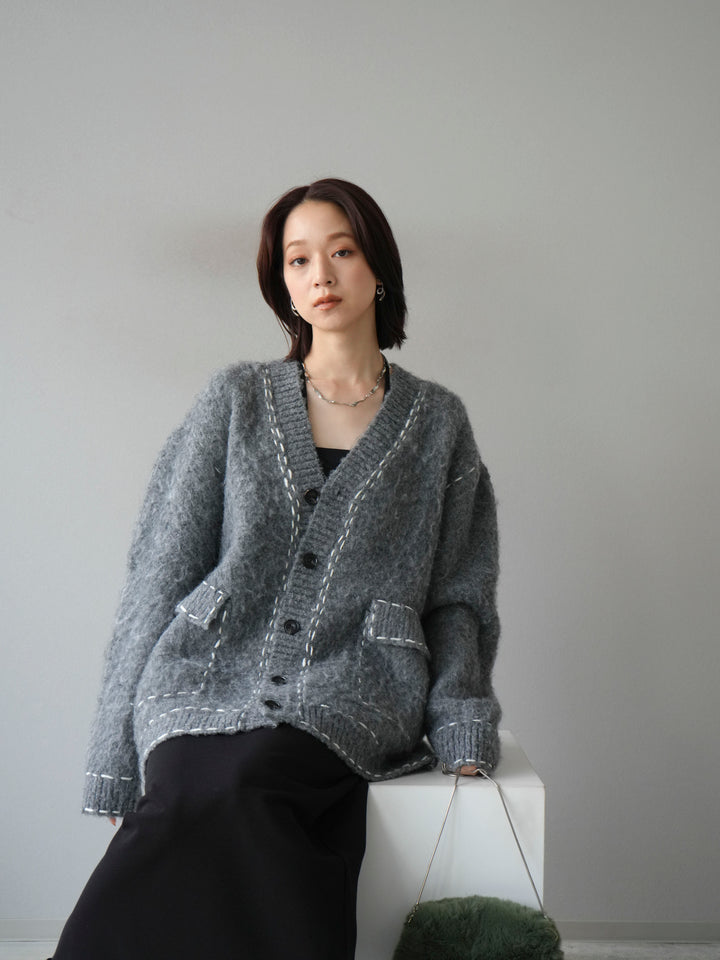 [予約]ステッチVネックニットカーディガン/グレー