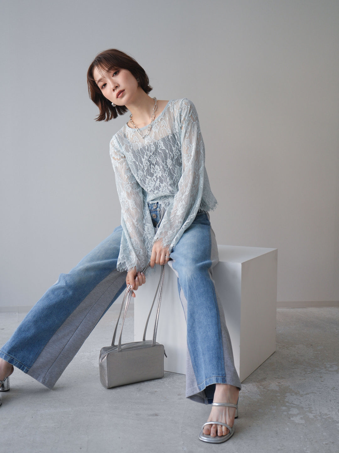 [SET]2WAYスリーブレーストップス+デニム切替スウェットパンツ(2set)