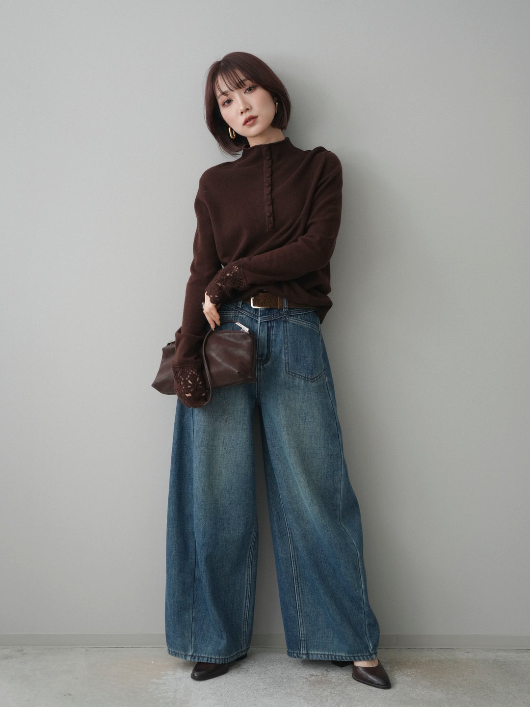 [SET]袖スカラップレースフロントボタンウールニットトップス+ベルト付裏起毛カーブデニムパンツ(2set)