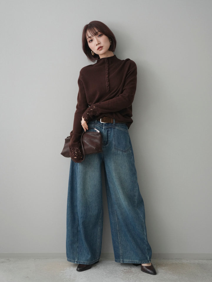 [SET]袖スカラップレースフロントボタンウールニットトップス+ベルト付裏起毛カーブデニムパンツ(2set)