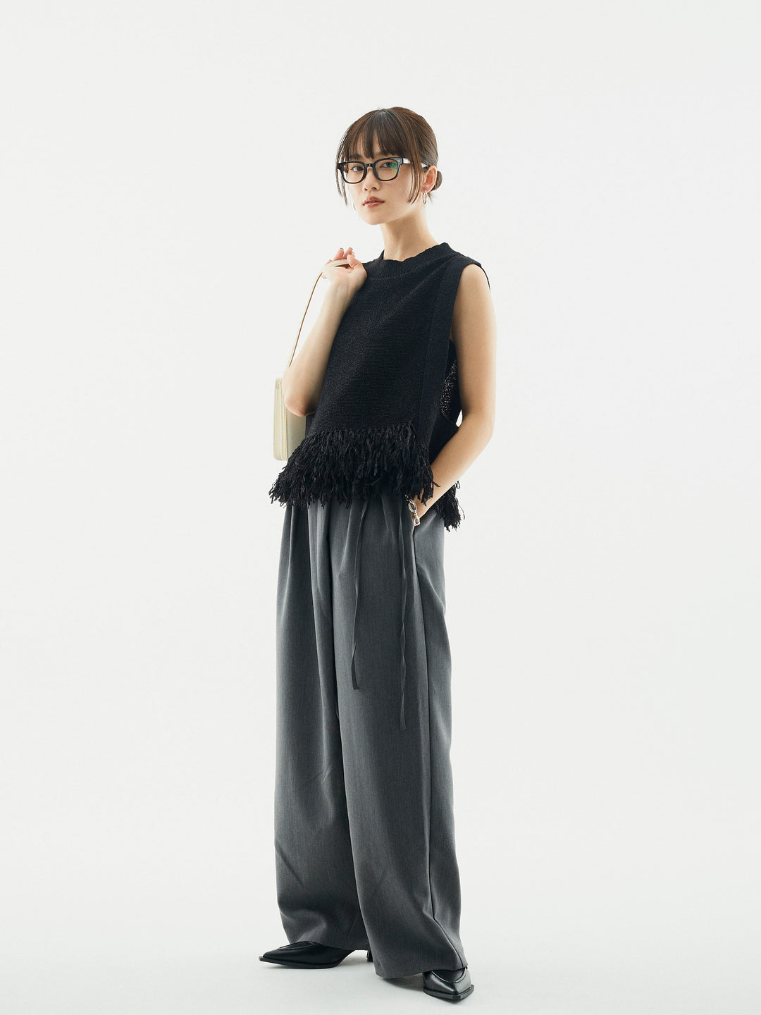 【Allure】[SET]フェザーヤーンニットベスト+ラップデザインタックワイドパンツ(2set)