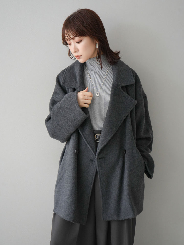 [SET]フェイクビーバーミドルコート+袖ボタンハイネックリブニットトップス+ベルト付ウールタッチワイドパンツL(3set)