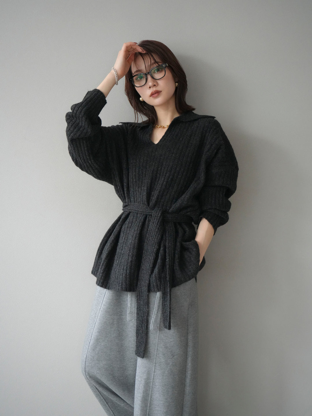 [予約]ワイドリブポロニットプルオーバー/darkgray