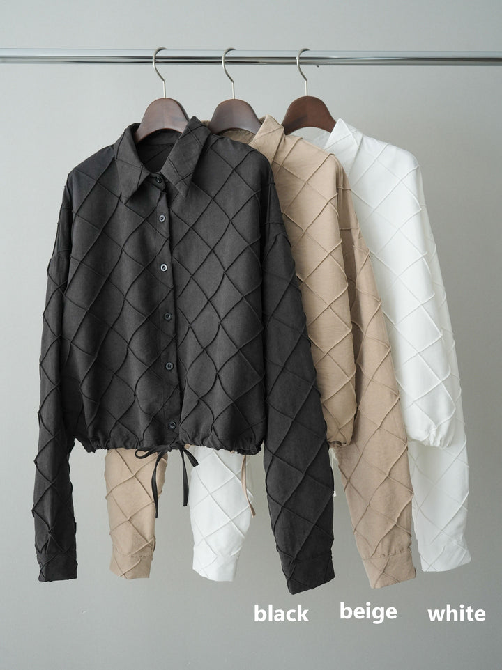 [SET]パイピングクロスデザインブラウス+編み込みベルト付タックワイドパンツ(2set)