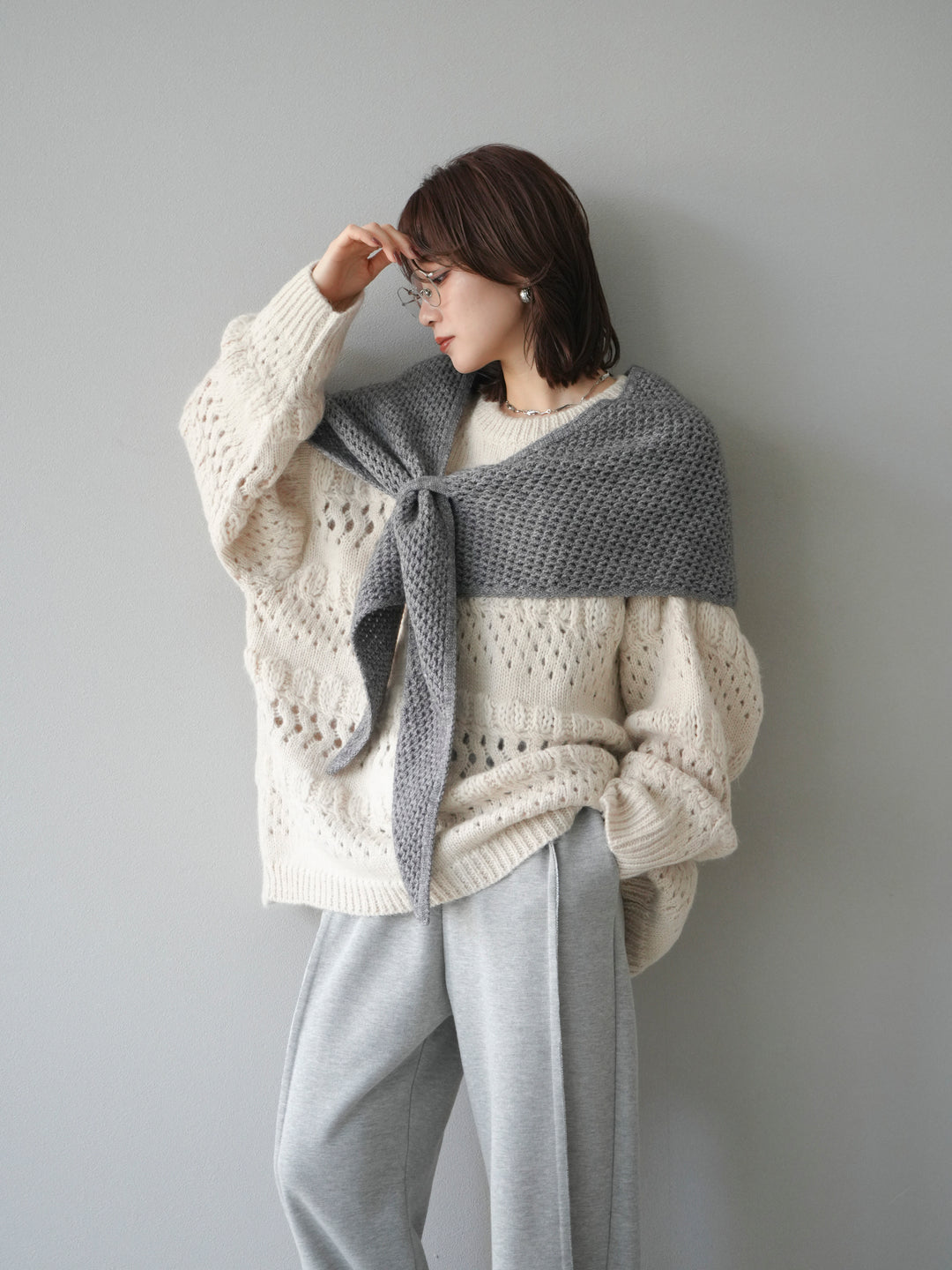 [予約]透かし編みクルーネックニットプルオーバー/ivory