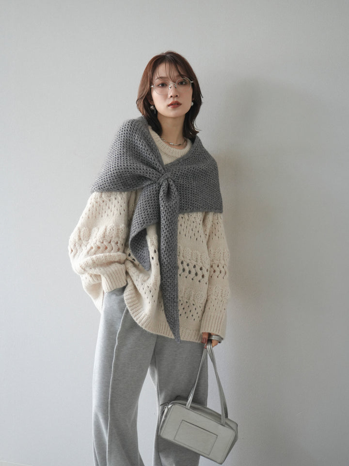 [予約]透かし編みクルーネックニットプルオーバー/ivory