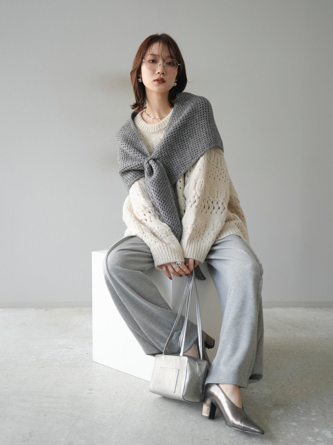 [予約]透かし編みクルーネックニットプルオーバー/ivory