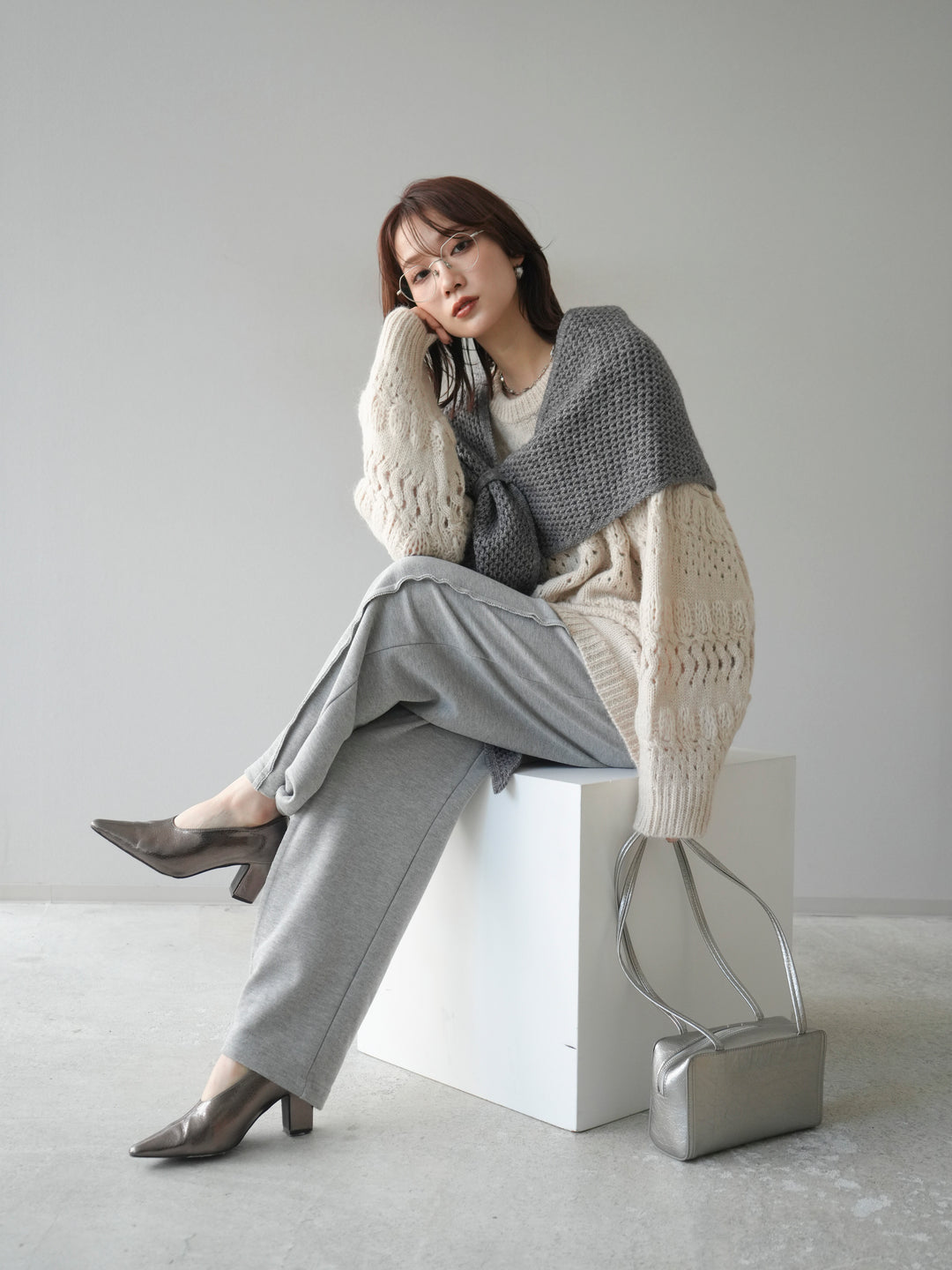 [予約]透かし編みクルーネックニットプルオーバー/ivory