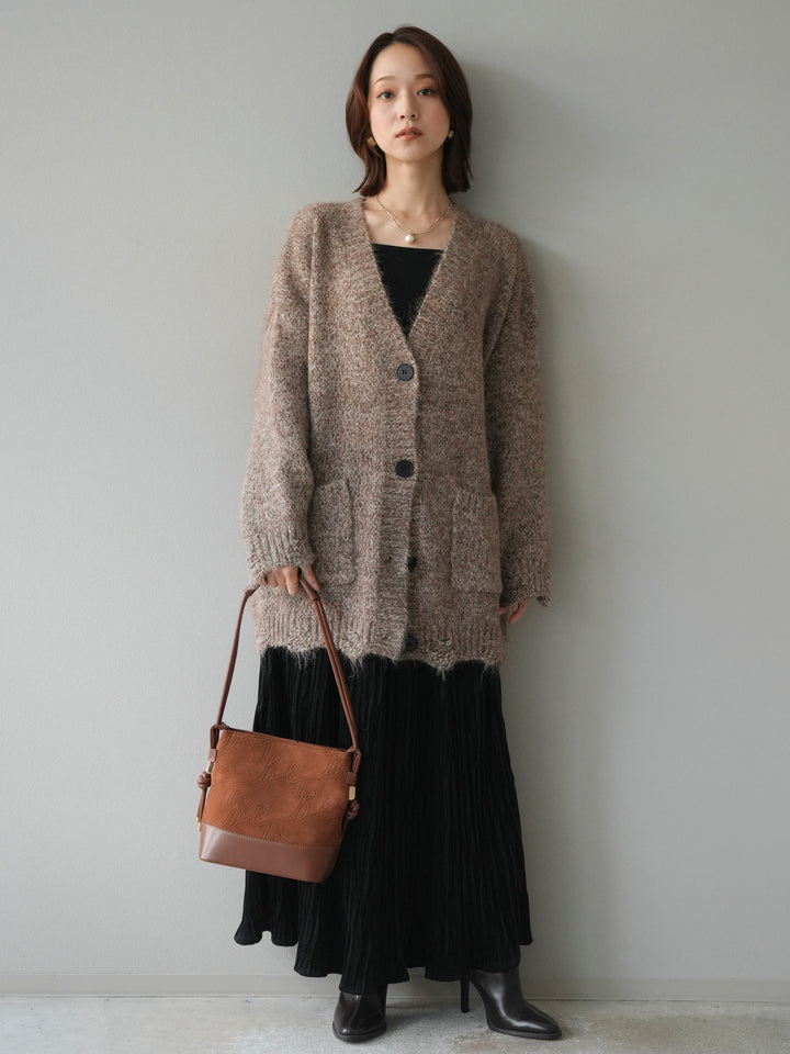 [予約]ミックスヤーンVネックオーバーニットカーディガン/brown