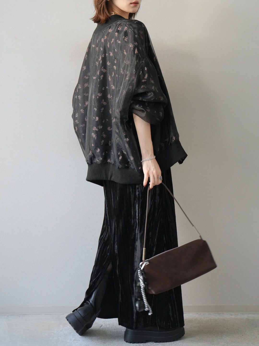 [SET]フラワーチュールドッキングブルゾン+クラッシュベロアナロースカート(2set)