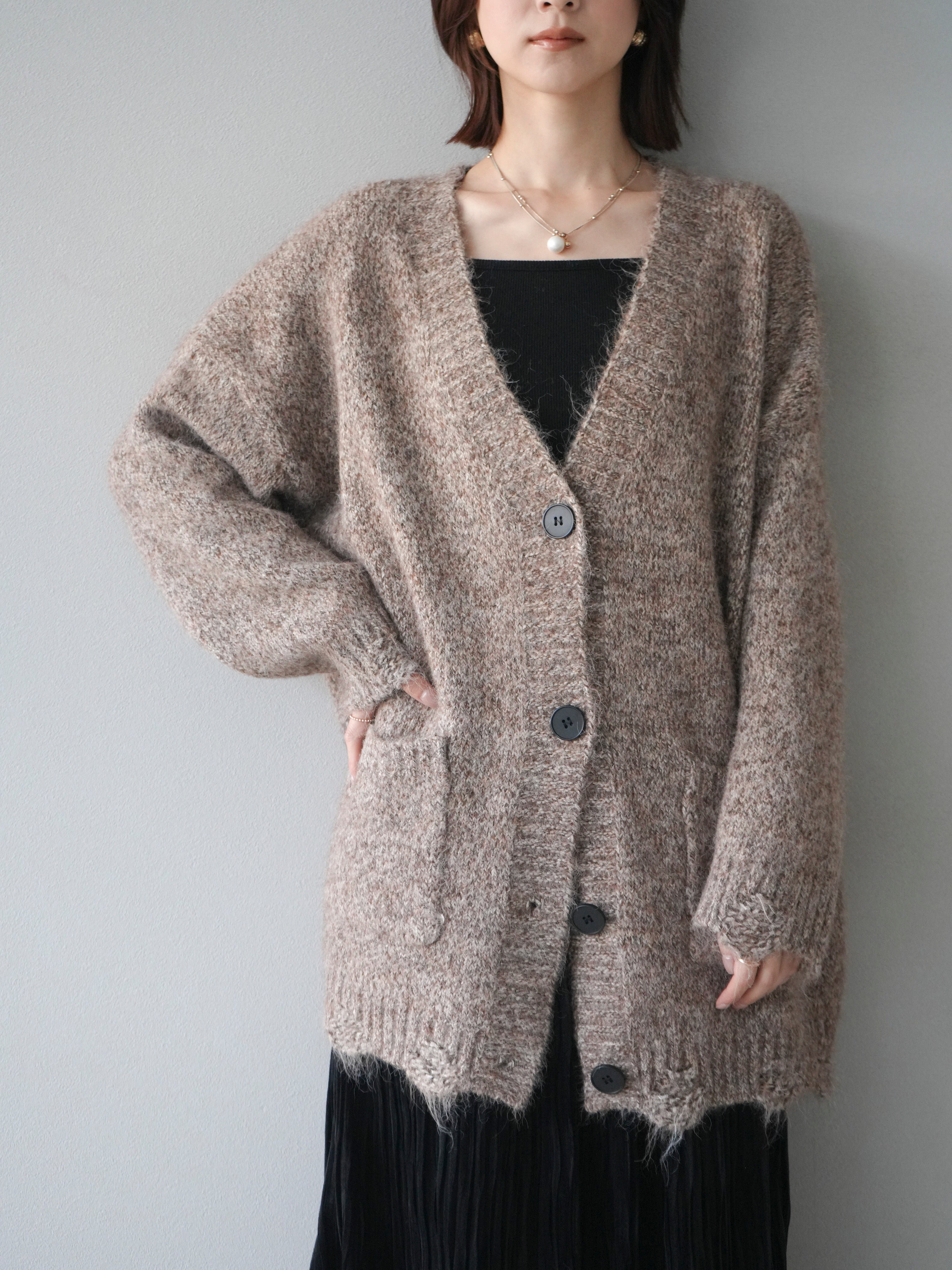 予約]ミックスヤーンVネックオーバーニットカーディガン/brown – Lumier