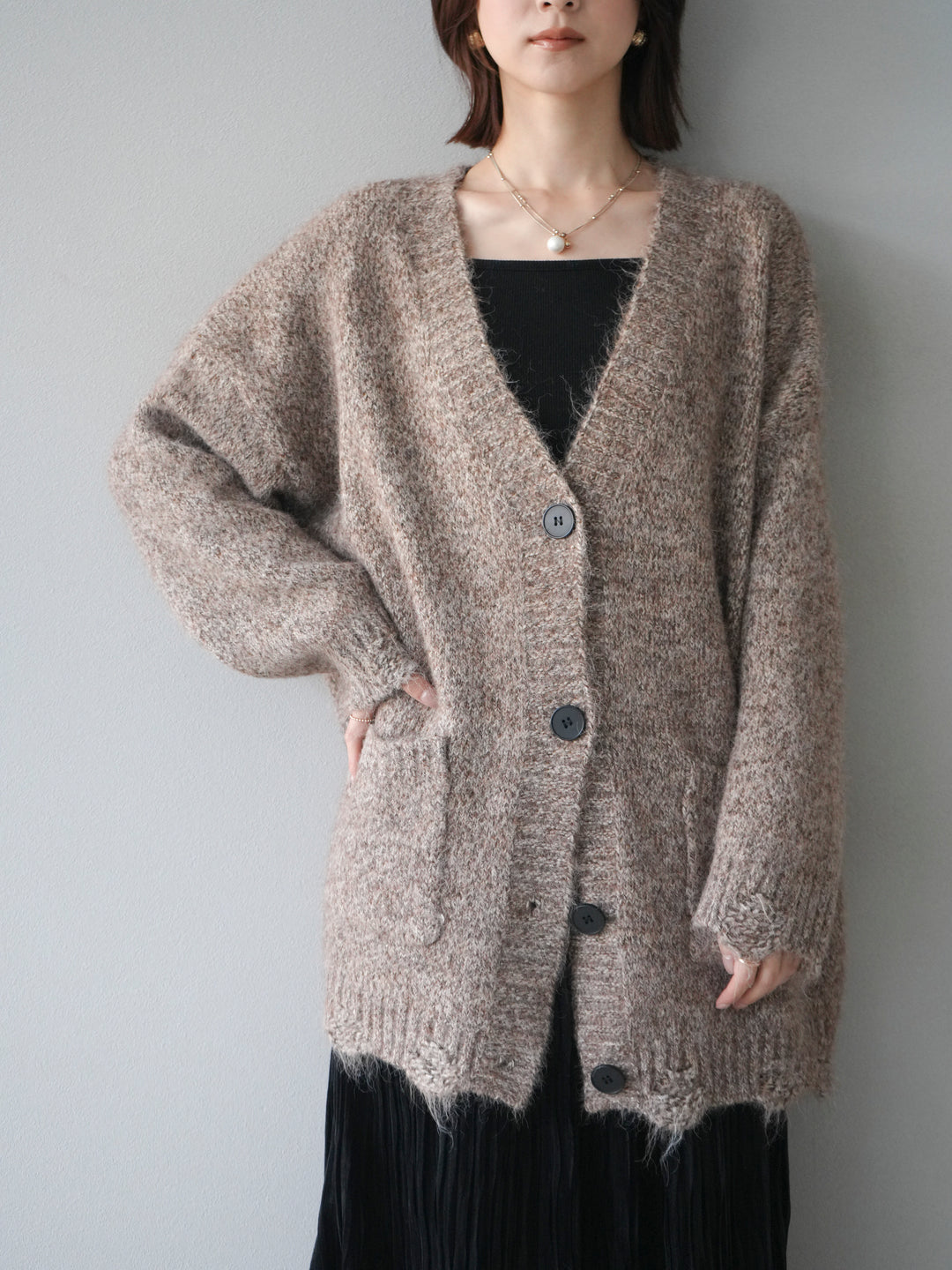 [予約]ミックスヤーンVネックオーバーニットカーディガン/brown