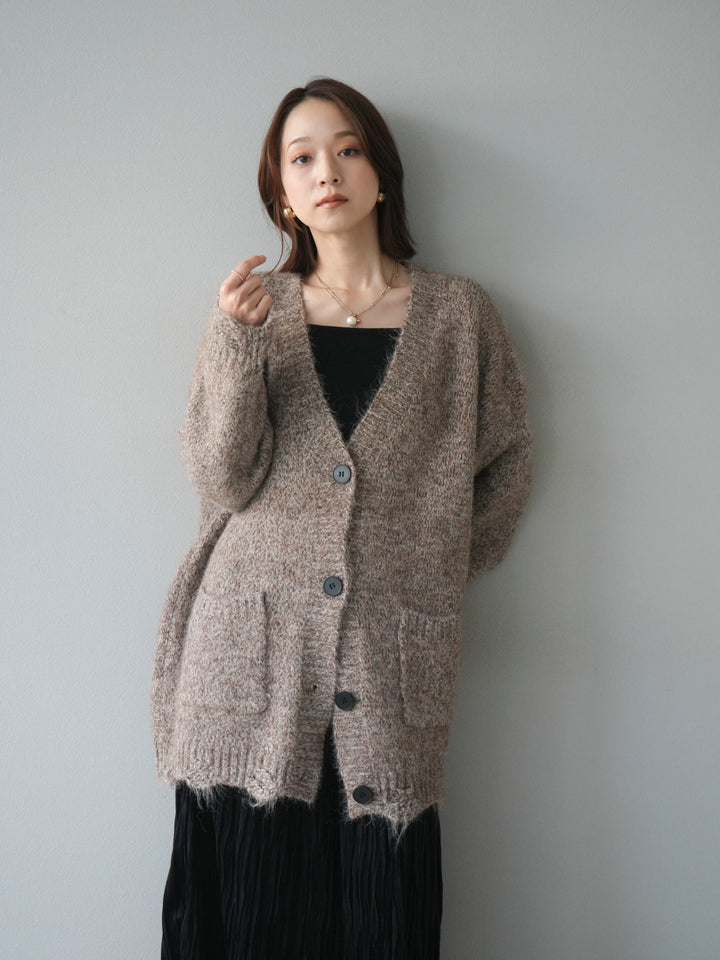 [予約]ミックスヤーンVネックオーバーニットカーディガン/brown