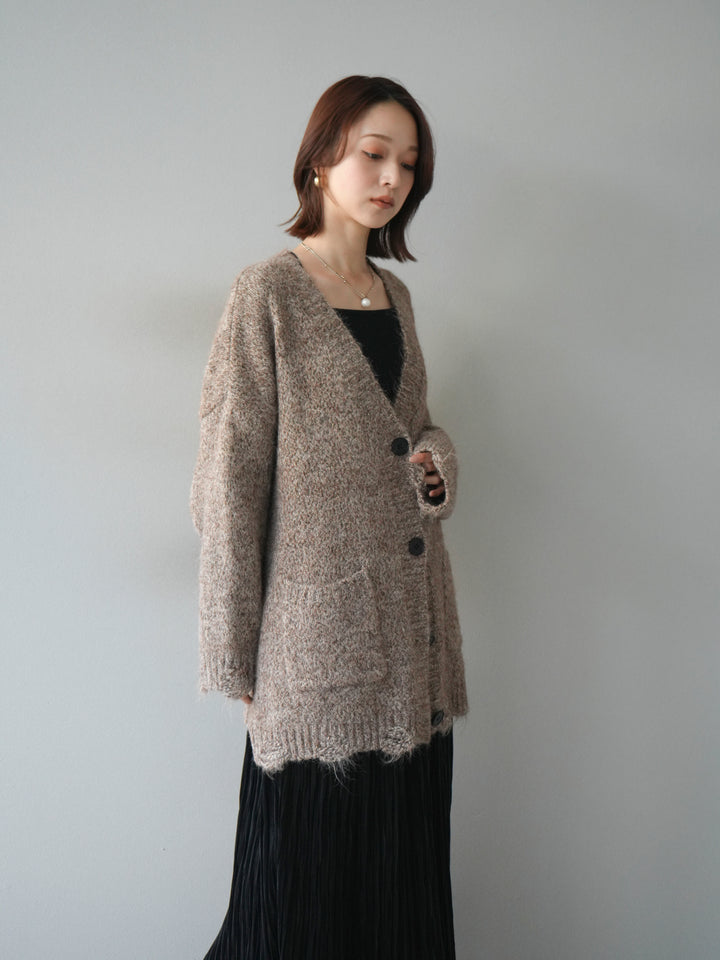 [予約]ミックスヤーンVネックオーバーニットカーディガン/brown