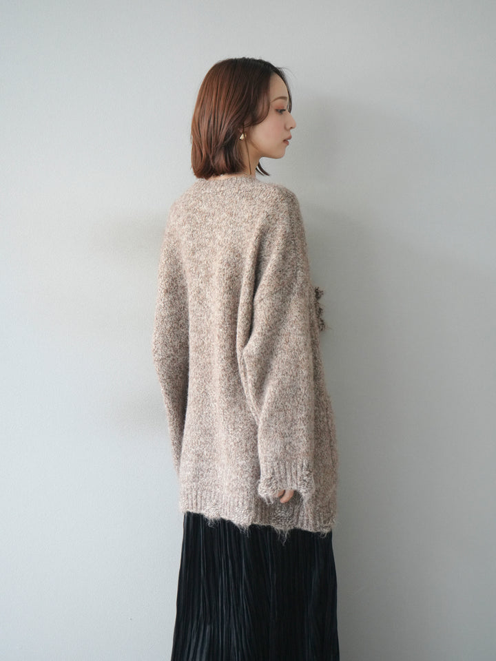 [予約]ミックスヤーンVネックオーバーニットカーディガン/brown