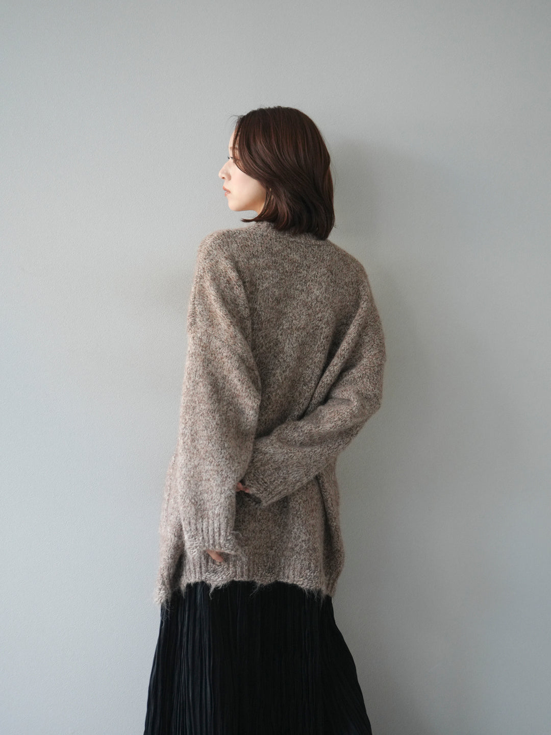 [予約]ミックスヤーンVネックオーバーニットカーディガン/brown