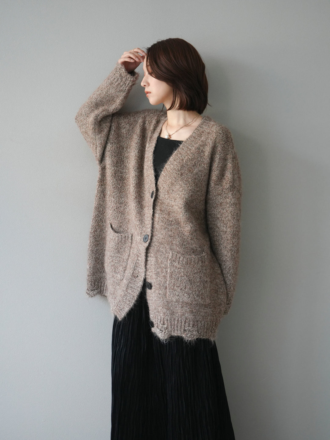 [予約]ミックスヤーンVネックオーバーニットカーディガン/brown