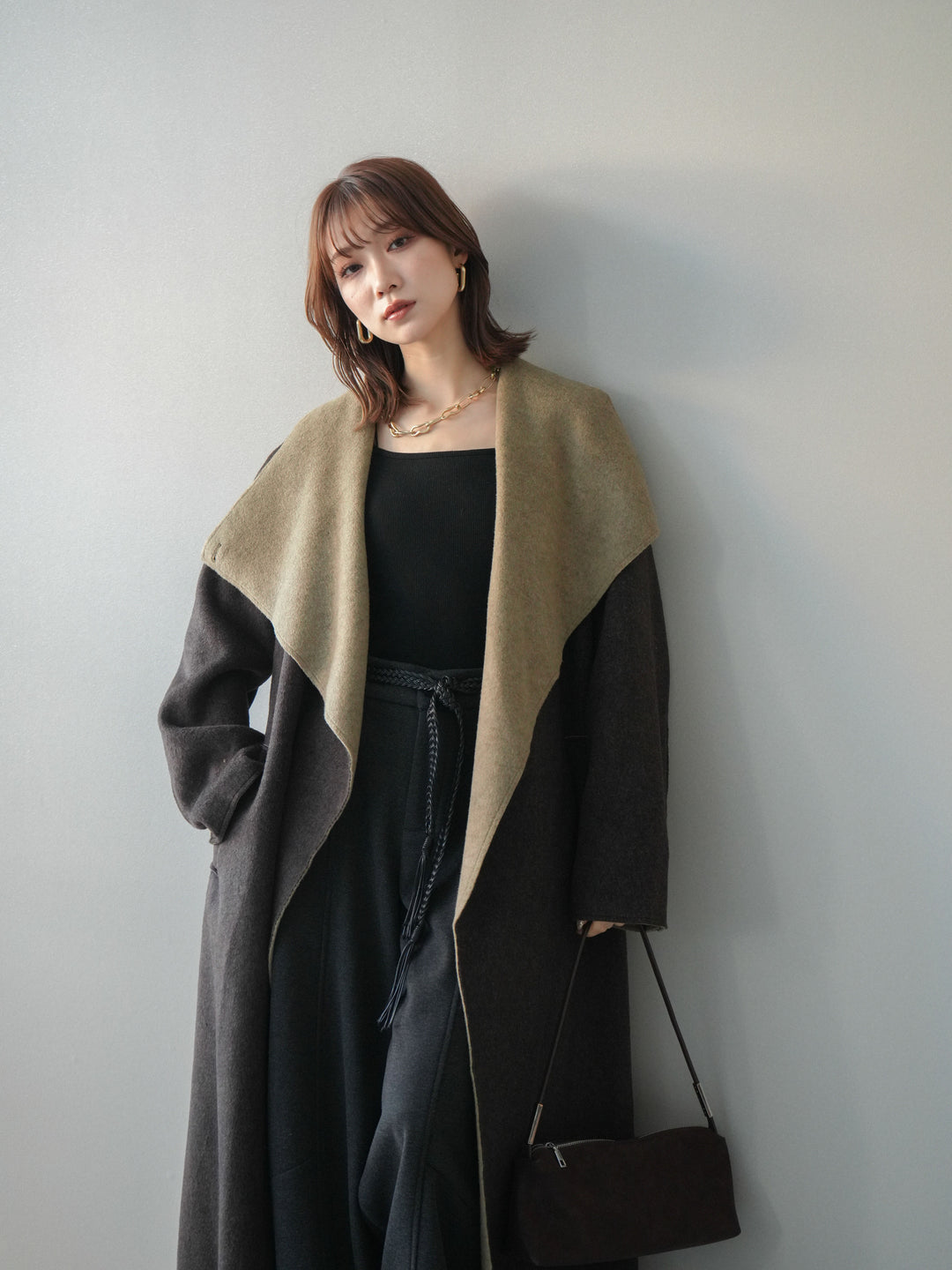 [予約]ダブルフェイスバイカラーロングコート/khaki