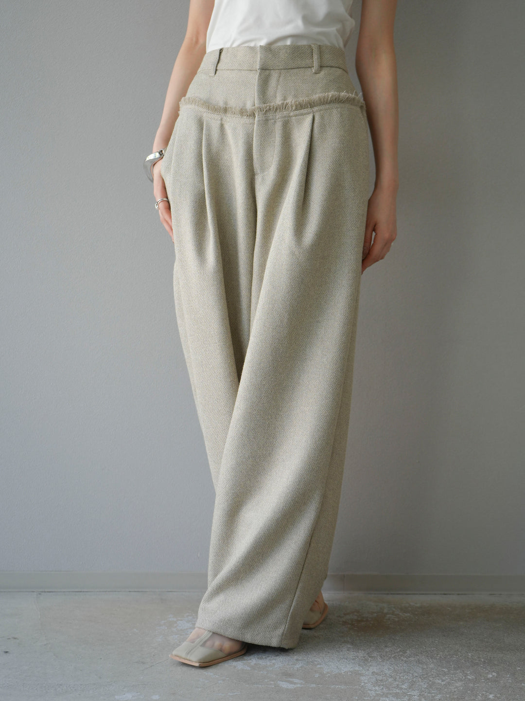 [予約]ウエストフリンジツイードワイドパンツ/アイボリー