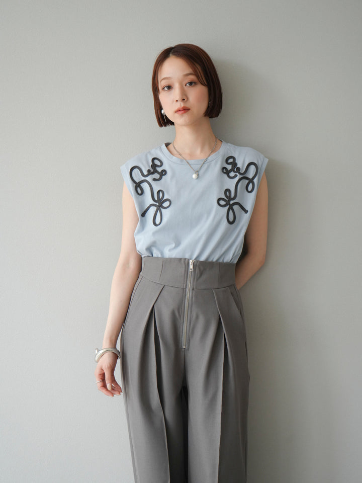 [SET]コード刺繍フレンチスリーブTシャツ+ジップタックワイドパンツ(2set)