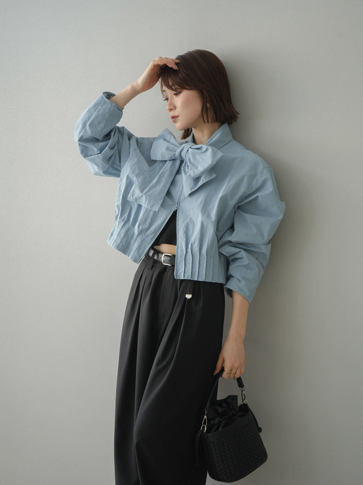 [SET]ボウタイ裾プリーツライトジャケット+ベルト付キーホルダーモチーフワイドパンツ(2set)