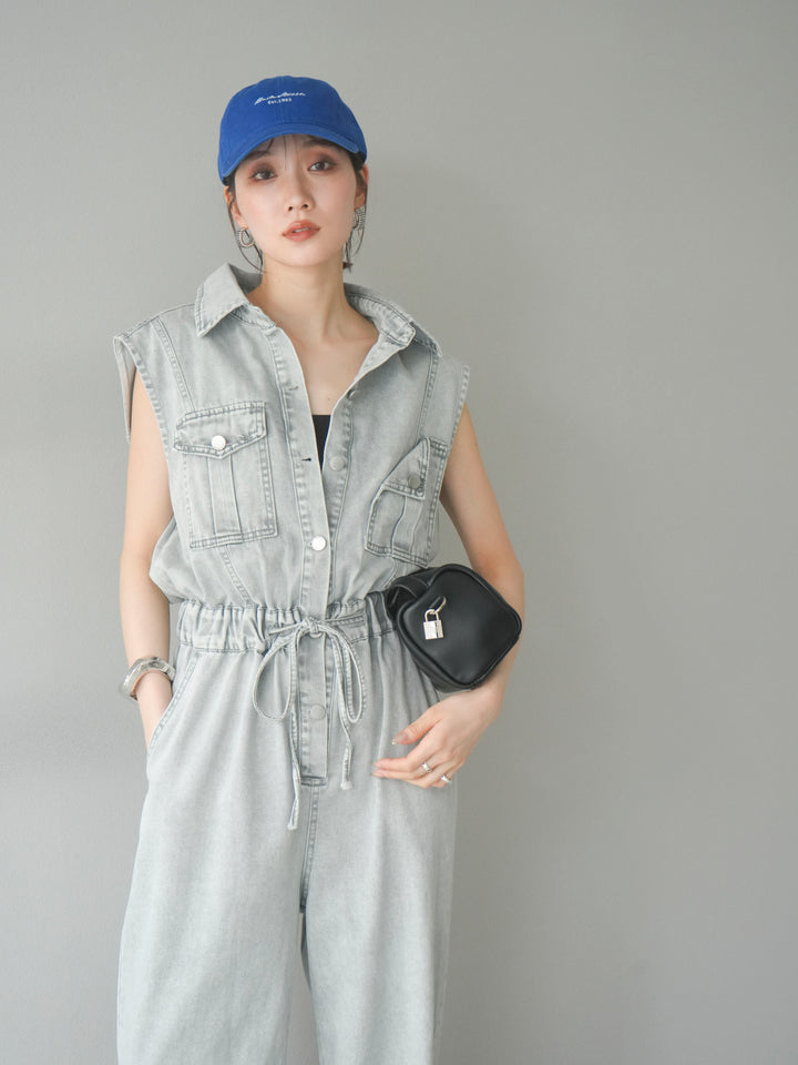 [予約]ポケットデザインデニムオールインワン/グレー