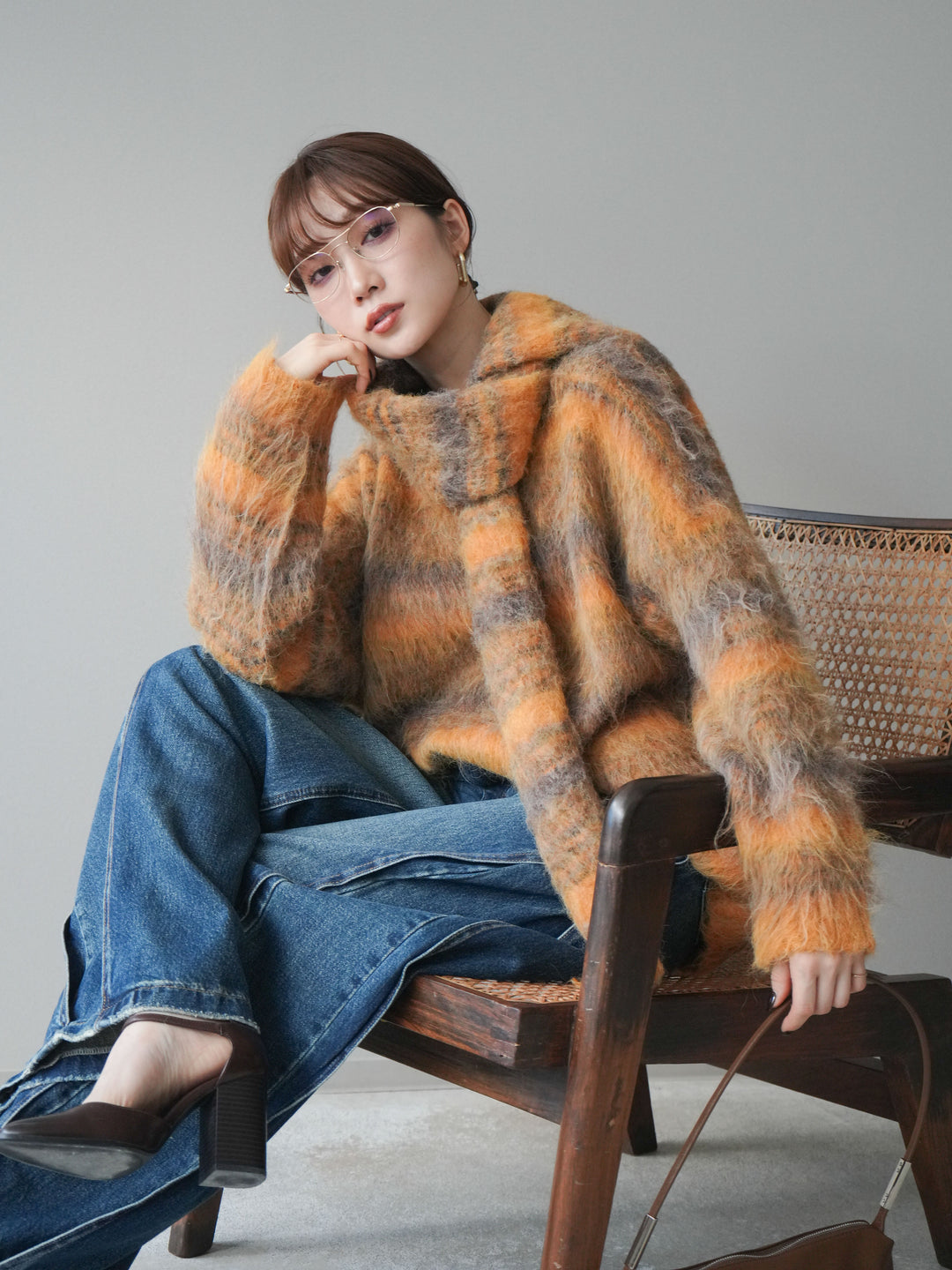 [予約]ストール付シャギーマルチボーダーニットプルオーバー/yellow