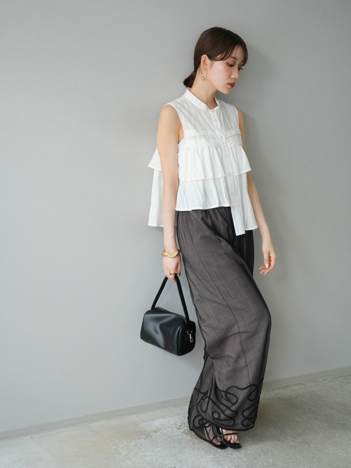 [SET]ドビーストライプアシンメトリーフリルノースリブラウス+コード刺繍チュールレイヤードパンツ+リネンライクイージーワイドパンツ(3set)