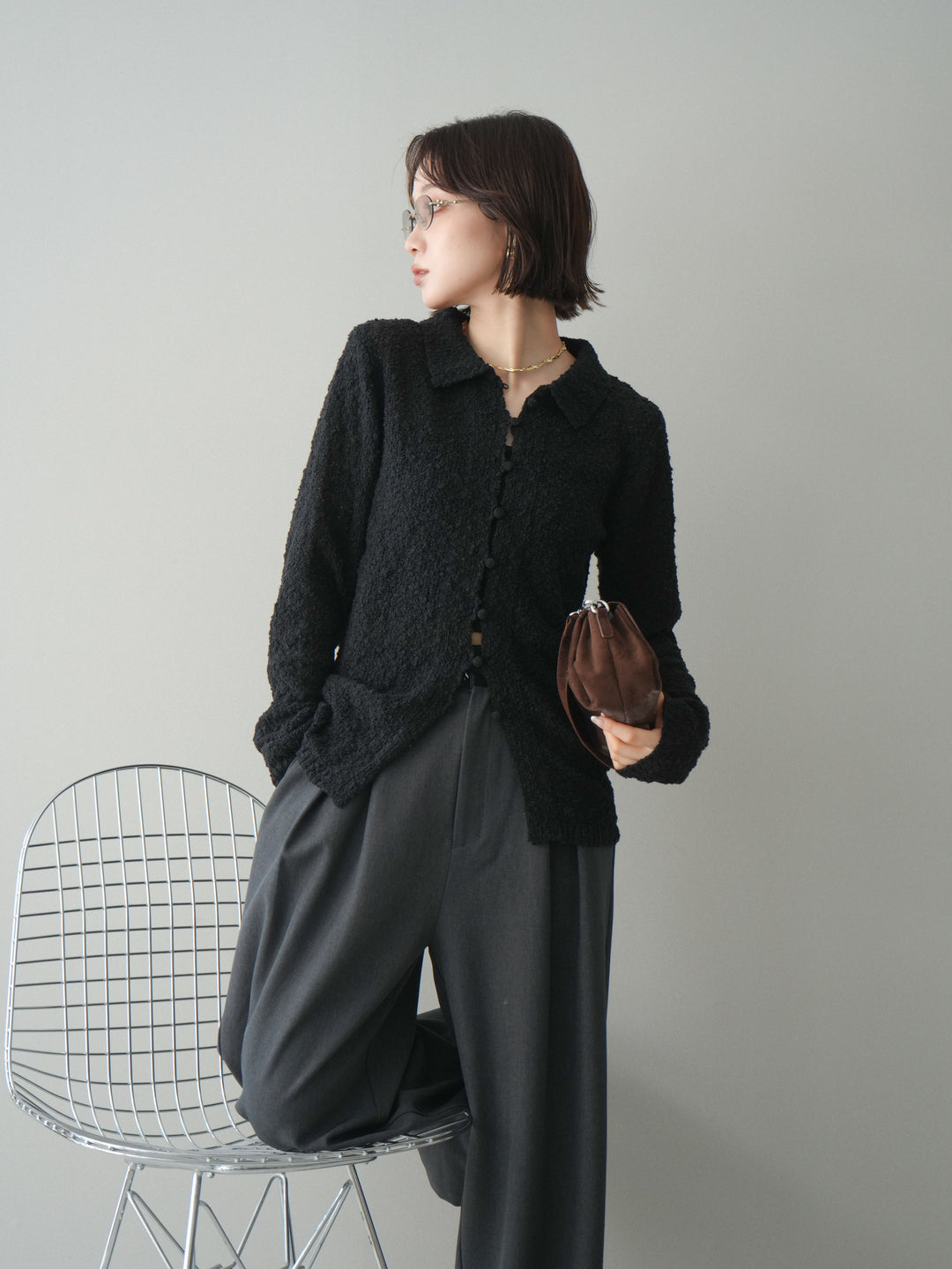 [予約]透かし編みブークレポロニットトップス/black