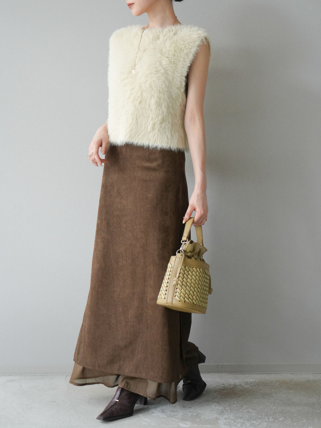 [予約]サイドスリットスウェードドッキングシフォンスカート/ブラウン