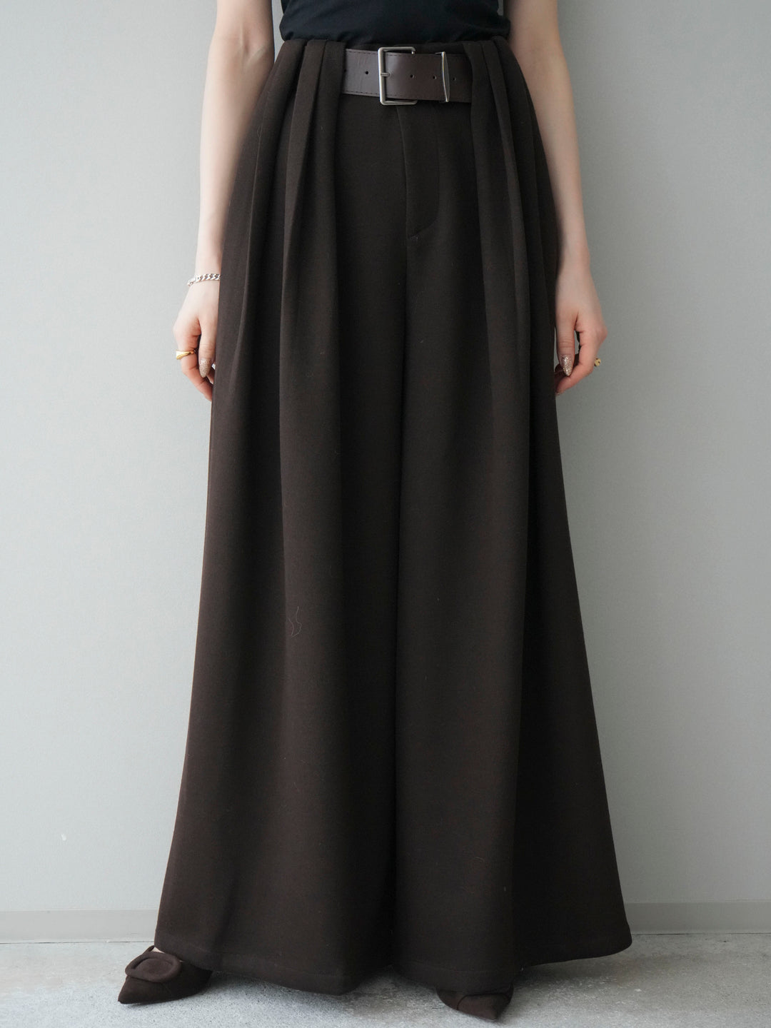 [予約]ベルトデザインループウールワイドパンツ(ベルト付)/brown