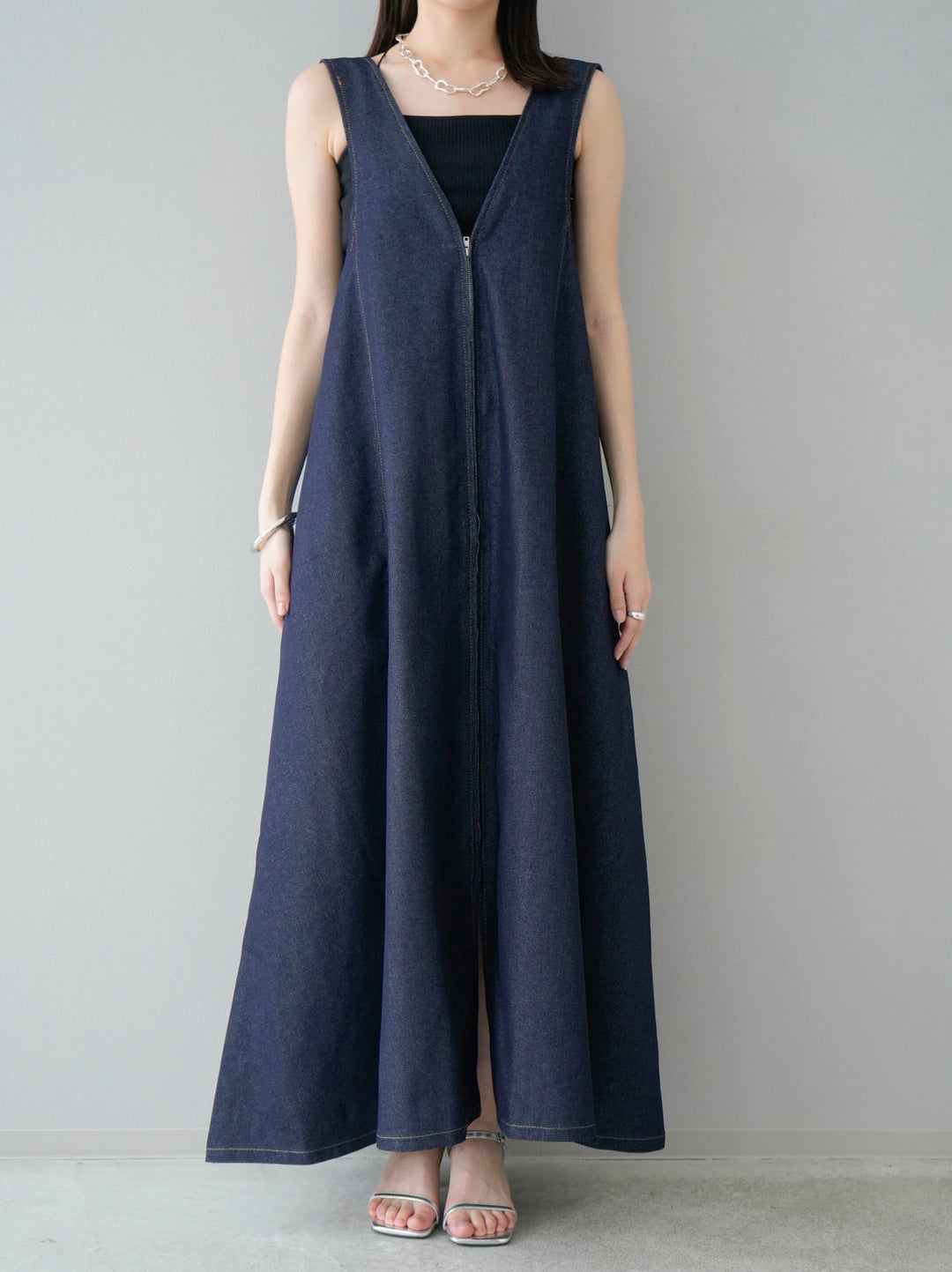 [Pre-order] Denim zip flare dress/indigo