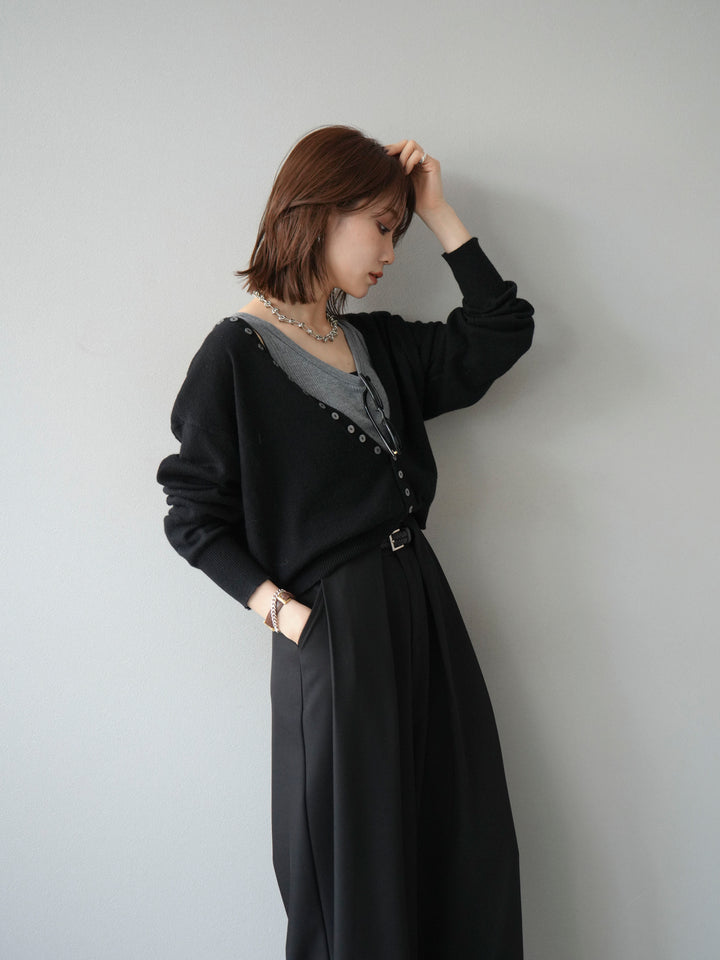 [予約]デザインボタンニットカーディガン＆タンクトップSET/ブラック