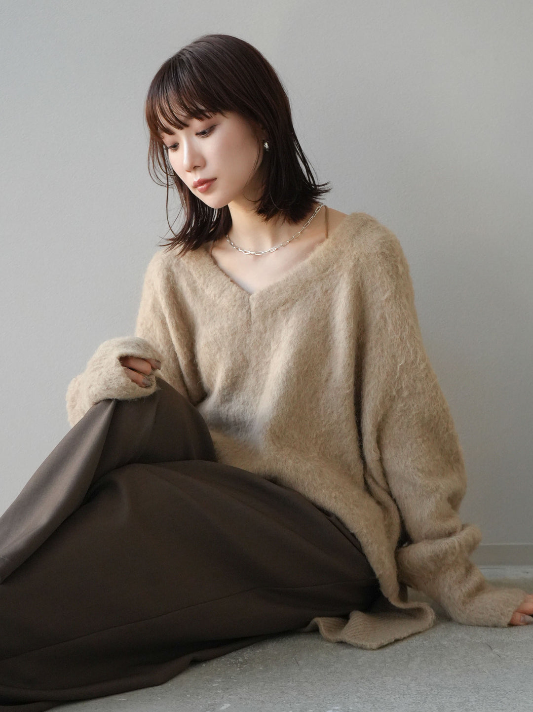 [予約]Vネックオーバーモヘアニットプルオーバー/ベージュ