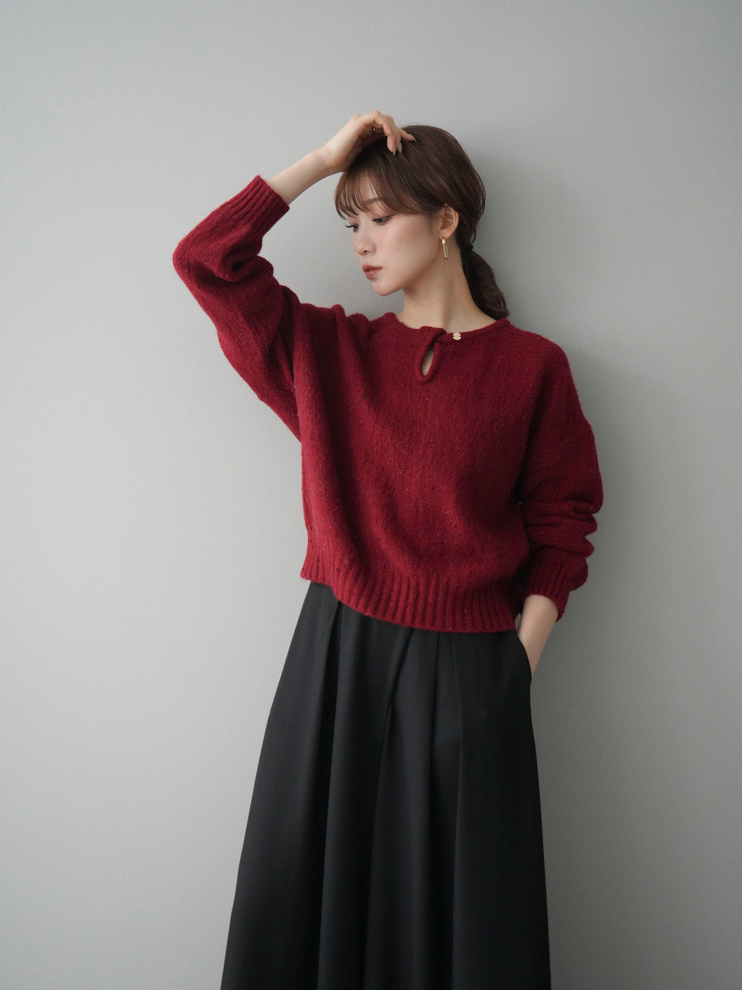 [予約]ツイストネックラメネップヤーンニットプルオーバー/red