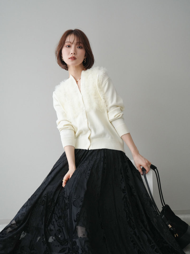 [SET]チュールフリルニットカーディガン+アンティーク柄フロッキーマキシスカート(2set)
