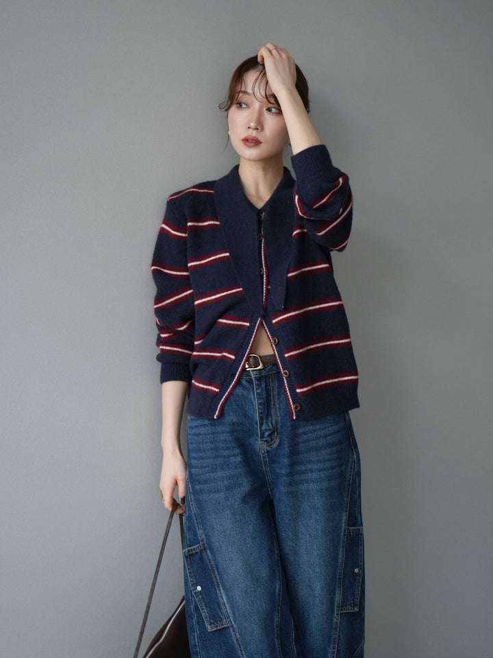 [予約]ボウタイボーダーニットカーディガン/navy